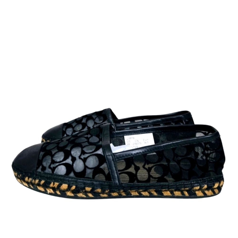 Coach Cleo Black Logo Round Leather Cap Toe Mesh Slip-On‎ Espadrilles